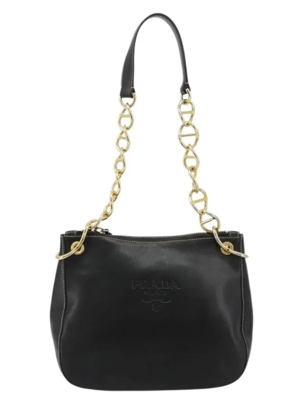 PRADA Chain Shoulder Bag Leather Black Gold Auth